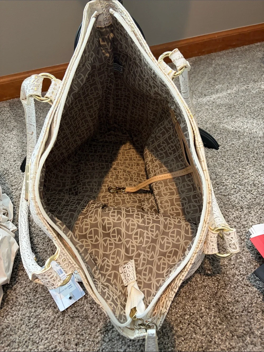 Marc Fisher White Embossed Croc Tote with Gold Hardware